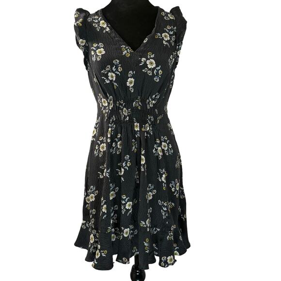 Rebecca Taylor Black Floral Ruffle Sleeve Dress Women’s Small Fit Flare V-Neck - Picture 1 of 5
